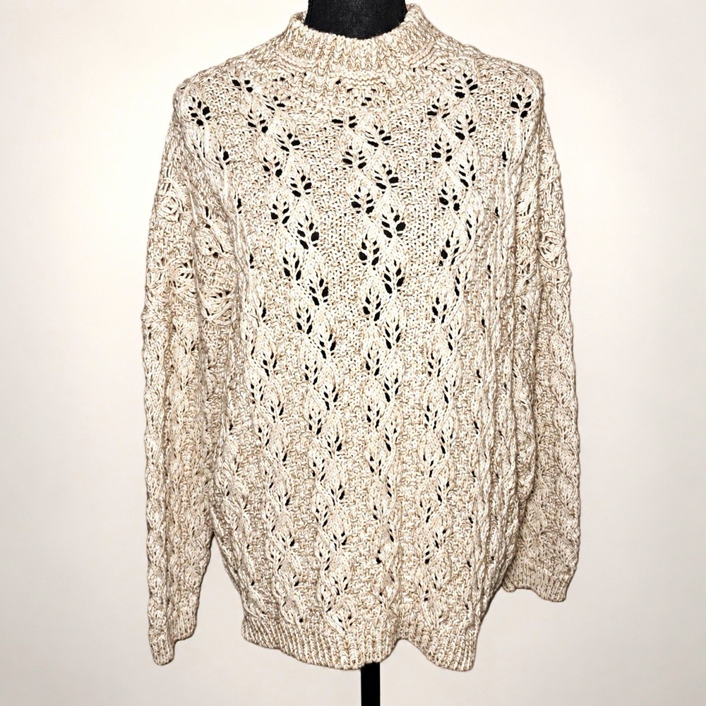 Vintage David Brett Cable Knit Sweater L Beige Cotton Blend Made USA grandma